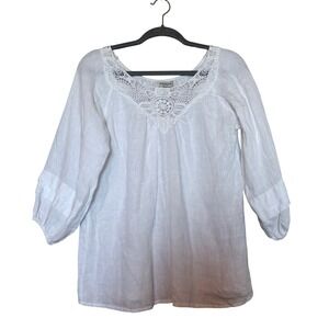 Laura Bianchi White Linen Crochet Neck 3/4 Sleeve Tunic Top Made in Italy Size L
